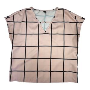 SHEIN Blouse Large Pink Windowpane Crisscross V Neck Grid Print Edgy Chic Blouse